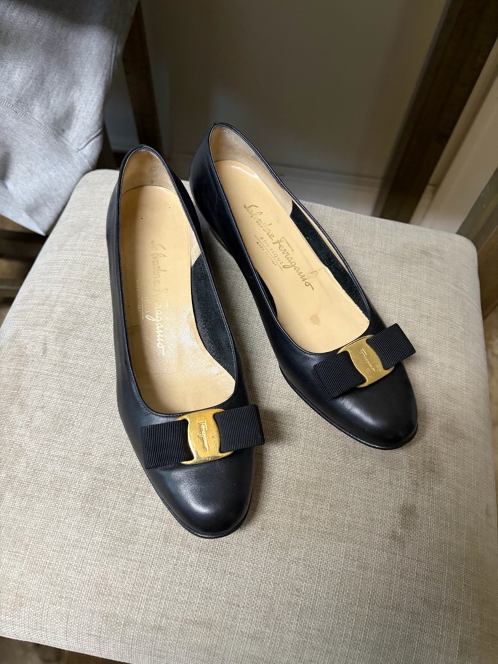Salvatore Ferragamo Black Leather Vara Bow Flats with Gold Accent